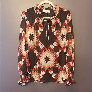 LOFT Women's XL Blouse with Geometric Pattern - Brown and Pink